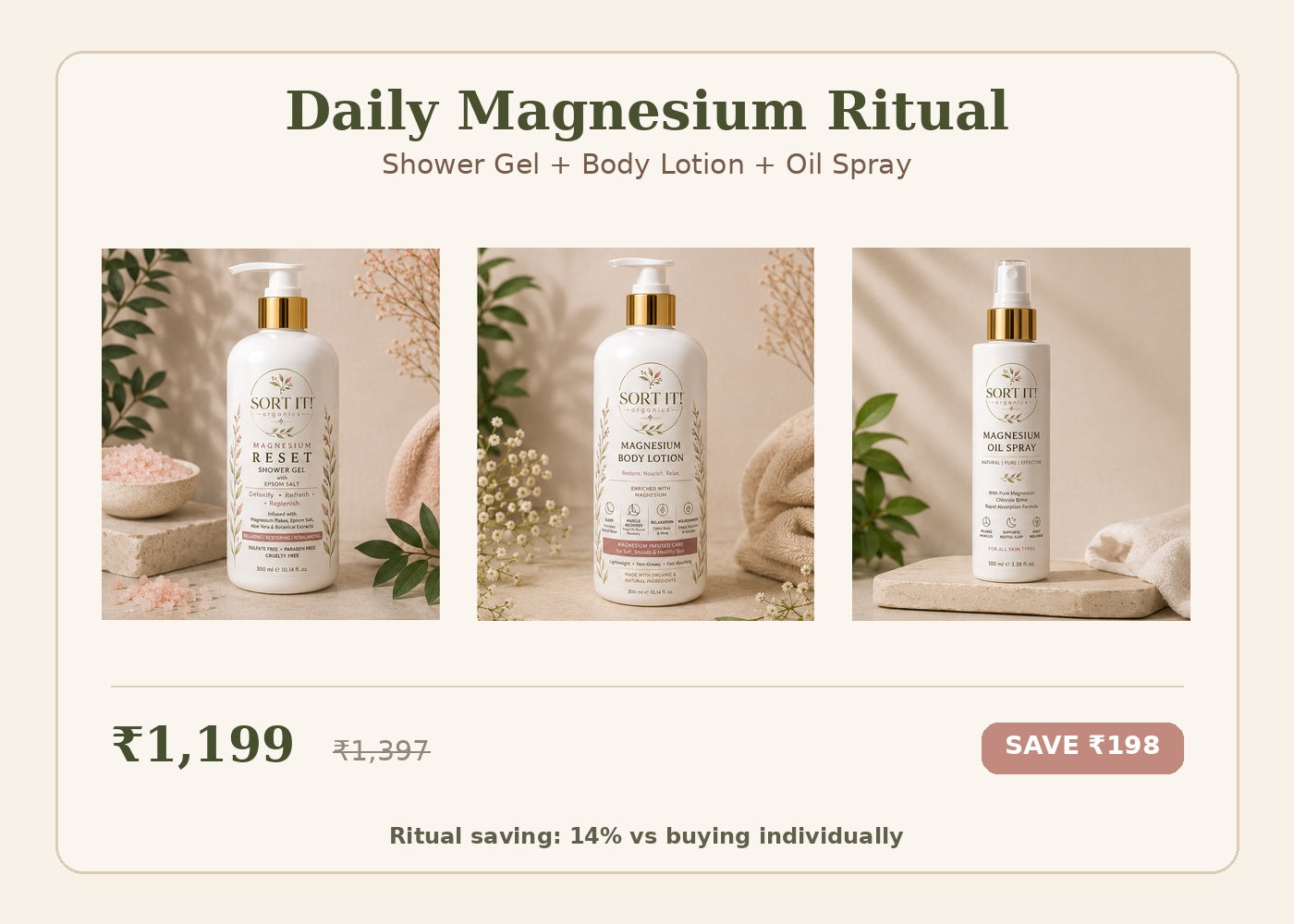 Sort It! Organics Daily Magnesium Ritual - Shower Gel, Body Lotion and Oil Spray